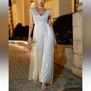 Luxe mesh sequins party formal evening jumpsuit